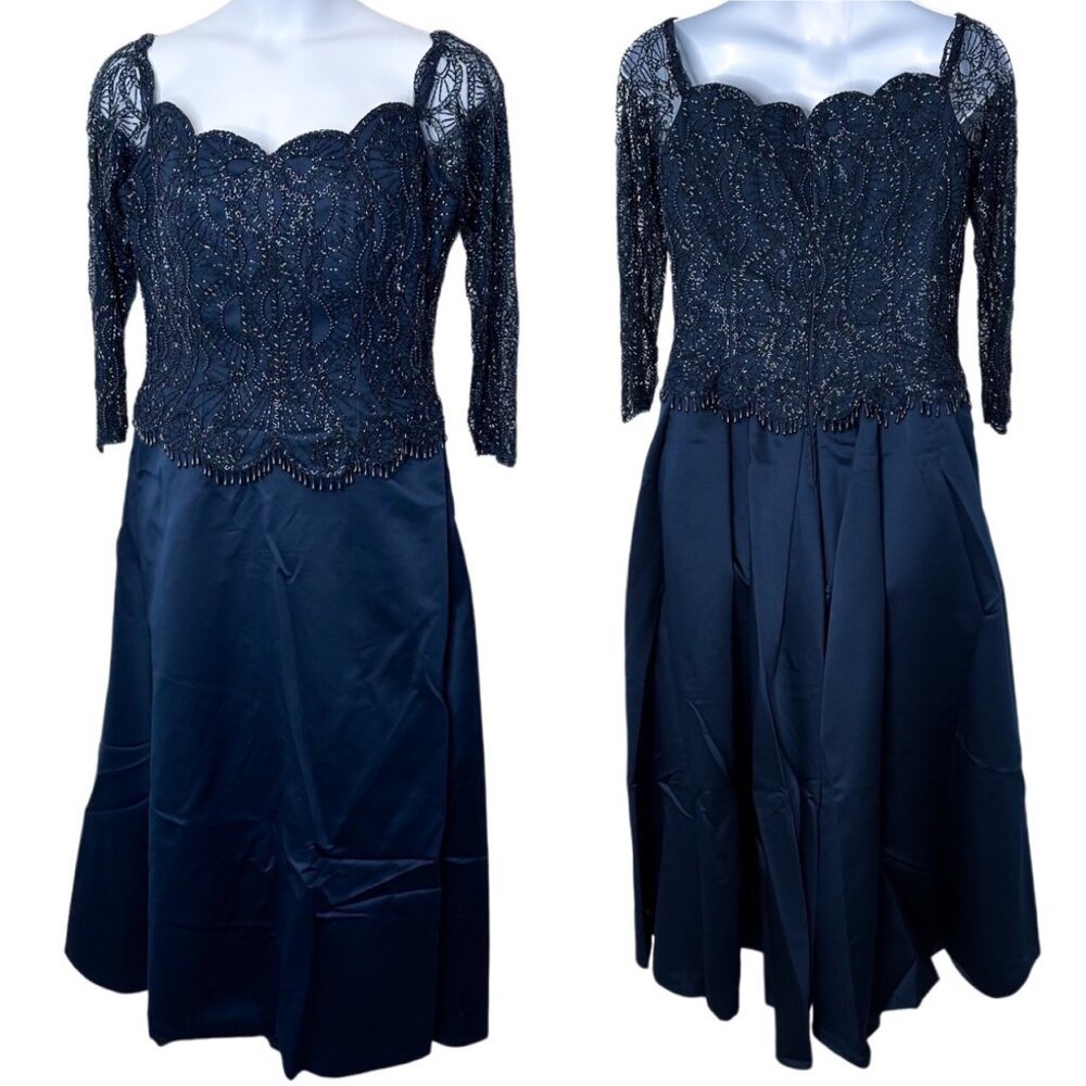 Jovani 3/4 Sleeve Scallop Neckline Embellished Beaded Bodice Gown Dress in Navy